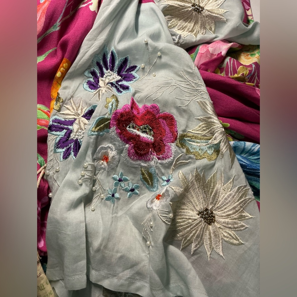Aratta Silent Journey Kimono Robe Peacock Floral Print pearl embroidered Small - Picture 6 of 16
